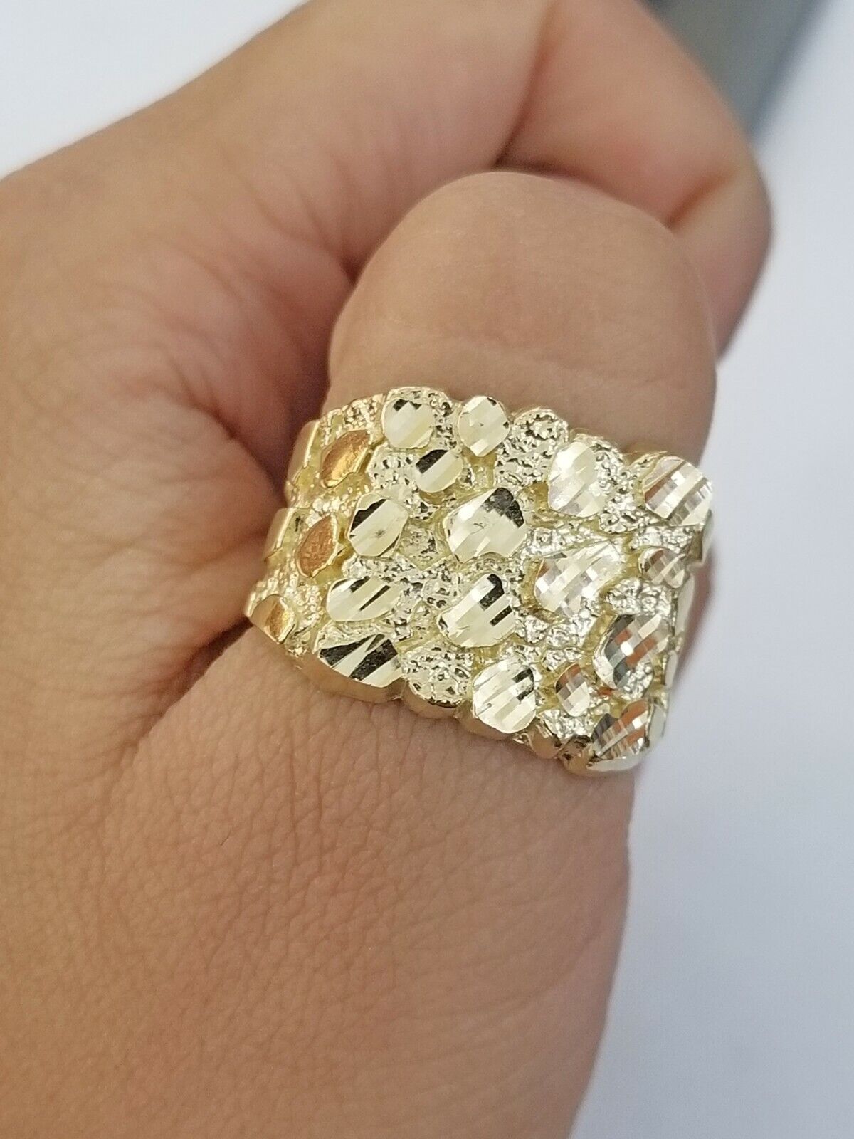 10K SOLID Yellow Gold Nugget Casual Ring Band Fancy Men Women Sizeable Real - GoldenlinQ